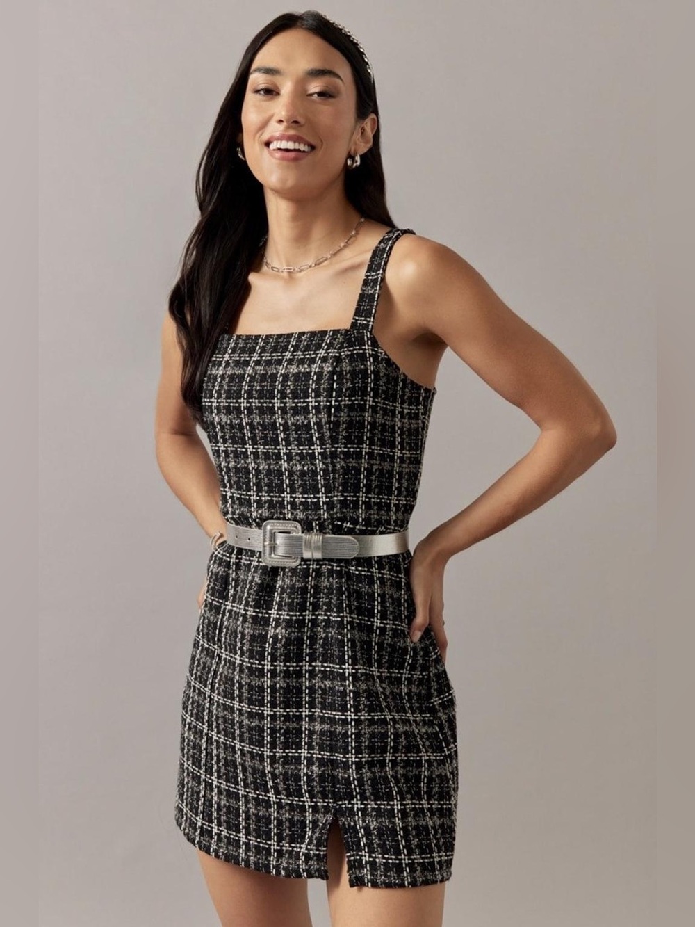 Francesca's Black Tweed Square-Neck Mini Dress Size S